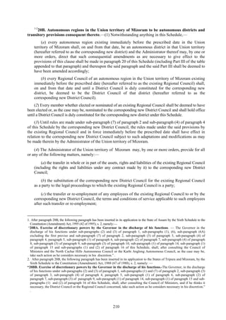 210
1-2
20B. Autonomous regions in the Union territory of Mizoram to be autonomous districts and
transitory provisions consequent thereto.—(1) Notwithstanding anything in this Schedule,—
(a) every autonomous region existing immediately before the prescribed date in the Union
territory of Mizoram shall, on and from that date, be an autonomous district in that Union territory
(hereafter referred to as the corresponding new district) and the Administrator thereof may, by one or
more orders, direct that such consequential amendments as are necessary to give effect to the
provisions of this clause shall be made in paragraph 20 of this Schedule (including Part III of the table
appended to that paragraph) and thereupon the said paragraph and the said Part III shall be deemed to
have been amended accordingly;
(b) every Regional Council of an autonomous region in the Union territory of Mizoram existing
immediately before the prescribed date (hereafter referred to as the existing Regional Council) shall,
on and from that date and until a District Council is duly constituted for the corresponding new
district, be deemed to be the District Council of that district (hereafter referred to as the
corresponding new District Council).
(2) Every member whether elected or nominated of an existing Regional Council shall be deemed to have
been elected or, as the case may be, nominated to the corresponding new District Council and shall hold office
until a District Council is duly constituted for the corresponding new district under this Schedule.
(3) Until rules are made under sub-paragraph (7) of paragraph 2 and sub-paragraph (4) of paragraph 4
of this Schedule by the corresponding new District Council, the rules made under the said provisions by
the existing Regional Council and in force immediately before the prescribed date shall have effect in
relation to the corresponding new District Council subject to such adaptations and modifications as may
be made therein by the Administrator of the Union territory of Mizoram.
(4) The Administrator of the Union territory of Mizoram may, by one or more orders, provide for all
or any of the following matters, namely:—
(a) the transfer in whole or in part of the assets, rights and liabilities of the existing Regional Council
(including the rights and liabilities under any contract made by it) to the corresponding new District
Council;
(b) the substitution of the corresponding new District Council for the existing Regional Council
as a party to the legal proceedings to which the existing Regional Council is a party;
(c) the transfer or re-employment of any employees of the existing Regional Council to or by the
corresponding new District Council, the terms and conditions of service applicable to such employees
after such transfer or re-employment;
1. After paragraph 20B, the following paragraph has been inserted in its application to the State of Assam by the Sixth Schedule to the
Constitution (Amendment) Act, 1995 (42 of 1995), s. 2, namely:—
―20BA. Exercise of discretionary powers by the Governor in the discharge of his functions. — The Governor in the
discharge of his functions under sub-paragraphs (2) and (3) of paragraph 1, sub-paragraphs (1), (6), sub-paragraph (6A)
excluding the first proviso and sub-paragraph (7) of paragraph 2, sub-paragraph (3) of paragraph 3, sub-paragraph (4) of
paragraph 4, paragraph 5, sub-paragraph (1) of paragraph 6, sub-paragraph (2) of paragraph 7, sub-paragraph (4) of paragraph
8, sub-paragraph (3) of paragraph 9, sub-paragraph (3) of paragraph 10, sub-paragraph (1) of paragraph 14, sub-paragraph (1)
of paragraph 15 and sub-paragraphs (1) and (2) of paragraph 16 of this Schedule, shall, after consulting the Council of
Ministers and the North Cachar Hills Autonomous Council or the Karbi Anglong Autonomous Council, as the case may be,
take such action as he considers necessary in his discretion.‖ .
2. After paragraph 20B, the following paragraph has been inserted in its application to the States of Tripura and Mizoram, by the
Sixth Schedule to the Constitution (Amendment) Act, 1988 (67 of 1988), s. 2, namely: —
―20BB. Exercise of discretionary powers by the Governor in the discharge of his functions.-The Governor, in the discharge
of his functions under sub-paragraphs (2) and (3) of paragraph 1, sub-paragraphs (1) and (7) of paragraph 2, sub-paragraph (3)
of paragraph 3, sub-paragraph (4) of paragraph 4, paragraph 5, sub-paragraph (1) of paragraph 6, sub-paragraph (2) of
paragraph 7, sub-paragraph (3) of paragraph 9, sub-paragraph (1) of paragraph 14, sub-paragraph (1) of paragraph 15 and sub-
paragraphs (1) and (2) of paragraph 16 of this Schedule, shall, after consulting the Council of Ministers, and if he thinks it
necessary, the District Council or the Regional Council concerned, take such action as he considers necessary in his discretion.‖
.
 