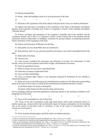 218
34. Betting and gambling.
35. Works, lands and buildings vested in or in the possession of the State.
1
[* * * * *]
37. Elections to the Legislature of the State subject to the provisions of any law made by Parliament.
38. Salaries and allowances of members of the Legislature of the State, of the Speaker and Deputy
Speaker of the Legislative Assembly and, if there is a Legislative Council, of the Chairman and Deputy
Chairman thereof.
39. Powers, privileges and immunities of the Legislative Assembly and of the members and the
committees thereof, and, if there is a Legislative Council, of that Council and of the members and the
committees thereof; enforcement of attendance of persons for giving evidence or producing documents
before committees of the Legislature of the State.
40. Salaries and allowances of Ministers for the State.
41. State public services; State Public Service Commission.
42. State pensions, that is to say, pensions payable by the State or out of the Consolidated Fund of the
State.
43. Public debt of the State.
44. Treasure trove.
45. Land revenue, including the assessment and collection of revenue, the maintenance of land
records, survey for revenue purposes and records of rights, and alienation of revenues.
46. Taxes on agricultural income.
47. Duties in respect of succession to agricultural land.
48. Estate duty in respect of agricultural land.
49. Taxes on lands and buildings.
50. Taxes on mineral rights subject to any limitations imposed by Parliament by law relating to
mineral development.
51. Duties of excise on the following goods manufactured or produced in the State and countervailing
duties at the same or lower rates on similar goods manufactured or produced elsewhere in India:—
(a) alcoholic liquors for human consumption;
(b) opium, Indian hemp and other narcotic drugs and narcotics,
but not including medicinal and toilet preparations containing alcohol or any substance included in sub-
paragraph (b) of this entry.
2
* * * * *
53. Taxes on the consumption or sale of electricity.
3
[54. Taxes on the sale of petroleum crude, high speed diesel, motor spirit (commonly known as
petrol), natural gas, aviation turbine fuel and alcoholic liquor for human consumption, but not including
sale in the course of inter-State trade or commerce or sale in the course of international trade or
commerce of such goods.]
4
* * * * *
56. Taxes on goods and passengers carried by road or on inland waterways.
1. Entry 36 omitted by the Constitution (Seventh Amendment) Act, 1956, s. 26 (w.e.f. 1-11-1956).
2. Entry 52 omitted by the Constitution (One Hundred and First Amendment) Act, 2016, s. 17(b)(i) (w.e.f. 16-9-2016).
3.Subs. by the Constitution (Sixth Amendment) Act, 1956, s. 2, for entry 54 (w.e.f. 11-9-1956) and further substituted by the
Constitution (One Hundred and First Amendment) Act, 2016, s. 17(b)(ii) (w.e.f. 16-9-2016).
4. Ins.by the Constitution (Forty-second Amendment) Act, 1976, s. 57 (w.e.f. 3-1-1977) and omitted by the Constitution (One
Hundred and First Amendment) Act, 2016, s. 17(b)(iii) (w.e.f. 16-9-2016).
 