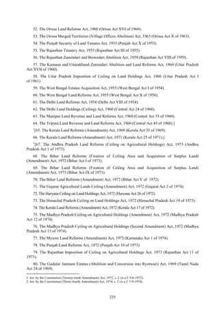 225
52. The Orissa Land Reforms Act, 1960 (Orissa Act XVI of 1960).
53. The Orissa Merged Territories (Village Offices Abolition) Act, 1963 (Orissa Act X of 1963).
54. The Punjab Security of Land Tenures Act, 1953 (Punjab Act X of 1953).
55. The Rajasthan Tenancy Act, 1955 (Rajasthan Act III of 1955).
56. The Rajasthan Zamindari and Biswedari Abolition Act, 1959 (Rajasthan Act VIII of 1959).
57. The Kumaun and Uttarakhand Zamindari Abolition and Land Reforms Act, 1960 (Uttar Pradesh
Act XVII of 1960).
58. The Uttar Pradesh Imposition of Ceiling on Land Holdings Act, 1960 (Uttar Pradesh Act I
of 1961).
59. The West Bengal Estates Acquisition Act, 1953 (West Bengal Act I of 1954).
60. The West Bengal Land Reforms Act, 1955 (West Bengal Act X of 1956).
61. The Delhi Land Reforms Act, 1954 (Delhi Act VIII of 1954).
62. The Delhi Land Holdings (Ceiling) Act, 1960 (Central Act 24 of 1960).
63. The Manipur Land Revenue and Land Reforms Act, 1960 (Central Act 33 of 1960).
64. The Tripura Land Revenue and Land Reforms Act, 1960 (Central Act 43 of 1960).]
1
[65. The Kerala Land Reforms (Amendment) Act, 1969 (Kerala Act 35 of 1969).
66. The Kerala Land Reforms (Amendment) Act, 1971 (Kerala Act 25 of 1971).]
2
[67. The Andhra Pradesh Land Reforms (Ceiling on Agricultural Holdings) Act, 1973 (Andhra
Pradesh Act 1 of 1973).
68. The Bihar Land Reforms (Fixation of Ceiling Area and Acquisition of Surplus Land)
(Amendment) Act, 1972 (Bihar Act I of 1973).
69. The Bihar Land Reforms (Fixation of Ceiling Area and Acquisition of Surplus Land)
(Amendment) Act, 1973 (Bihar Act IX of 1973).
70. The Bihar Land Reforms (Amendment) Act, 1972 (Bihar Act V of 1972).
71. The Gujarat Agricultural Lands Ceiling (Amendment) Act, 1972 (Gujarat Act 2 of 1974).
72. The Haryana Ceiling on Land Holdings Act, 1972 (Haryana Act 26 of 1972).
73. The Himachal Pradesh Ceiling on Land Holdings Act, 1972 (Himachal Pradesh Act 19 of 1973).
74. The Kerala Land Reforms (Amendment) Act, 1972 (Kerala Act 17 of 1972).
75. The Madhya Pradesh Ceiling on Agricultural Holdings (Amendment) Act, 1972 (Madhya Pradesh
Act 12 of 1974).
76. The Madhya Pradesh Ceiling on Agricultural Holdings (Second Amendment) Act, 1972 (Madhya
Pradesh Act 13 of 1974).
77. The Mysore Land Reforms (Amendment) Act, 1973 (Karnataka Act 1 of 1974).
78. The Punjab Land Reforms Act, 1972 (Punjab Act 10 of 1973).
79. The Rajasthan Imposition of Ceiling on Agricultural Holdings Act, 1973 (Rajasthan Act 11 of
1973).
80. The Gudalur Janmam Estates (Abolition and Conversion into Ryotwari) Act, 1969 (Tamil Nadu
Act 24 of 1969).
1. Ins. by the Constitution (Twenty-ninth Amendment) Act, 1972, s. 2 (w.e.f. 9-6-1972).
2. Ins. by the Constitution (Thirty-fourth Amendment) Act, 1974, s. 2 (w.e.f. 7-9-1974).
 