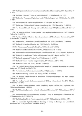 228
133. The Departmentalisation of Union Accounts (Transfer of Personnel) Act, 1976 (Central Act 59
of 1976).
134. The Assam Fixation of Ceiling on Land Holdings Act, 1956 (Assam Act 1 of 1957).
135. The Bombay Tenancy and Agricultural Lands (Vidarbha Region) Act, 1958 (Bombay Act XCIX
of 1958).
136. The Gujarat Private Forests (Acquisition) Act, 1972 (Gujarat Act 14 of 1973).
137. The Haryana Ceiling on Land Holdings (Amendment) Act, 1976 (Haryana Act 17 of 1976).
138. The Himachal Pradesh Tenancy and Land Reforms Act, 1972 (Himachal Pradesh Act 8 of
1974).
139. The Himachal Pradesh Village Common Lands Vesting and Utilisation Act, 1974 (Himachal
Pradesh Act 18 of 1974).
140. The Karnataka Land Reforms (Second Amendment and Miscellaneous Provisions) Act, 1974
(Karnataka Act 31 of 1974).
141. The Karnataka Land Reforms (Second Amendment) Act, 1976 (Karnataka Act 27 of 1976).
142. The Kerala Prevention of Eviction Act, 1966 (Kerala Act 12 of 1966).
143. The Thiruppuvaram Payment (Abolition) Act, 1969 (Kerala Act 19 of 1969).
144. The Sreepadam Lands Enfranchisement Act, 1969 (Kerala Act 20 of 1969).
145. The Sree Pandaravaka Lands (Vesting and Enfranchisement) Act, 1971 (Kerala Act 20 of 1971).
146. The Kerala Private Forests (Vesting and Assignment) Act, 1971 (Kerala Act 26 of 1971).
147. The Kerala Agricultural Workers Act, 1974 (Kerala Act 18 of 1974).
148. The Kerala Cashew Factories (Acquisition) Act, 1974 (Kerala Act 29 of 1974).
149. The Kerala Chitties Act, 1975 (Kerala Act 23 of 1975).
150. The Kerala Scheduled Tribes (Restriction on Transfer of Lands and Restoration of Alienated
Lands) Act, 1975 (Kerala Act 31 of 1975).
151. The Kerala Land Reforms (Amendment) Act, 1976 (Kerala Act 15 of 1976).
152. The Kanam Tenancy Abolition Act, 1976 (Kerala Act 16 of 1976).
153. The Madhya Pradesh Ceiling on Agricultural Holdings (Amendment) Act, 1974 (Madhya
Pradesh Act 20 of 1974).
154. The Madhya Pradesh Ceiling on Agricultural Holdings (Amendment) Act, 1975 (Madhya
Pradesh Act 2 of 1976).
155. The West Khandesh Mehwassi Estates (Proprietary Rights Abolition, etc.) Regulation, 1961
(Maharashtra Regulation 1 of 1962).
156. The Maharashtra Restoration of Lands to Scheduled Tribes Act, 1974 (Maharashtra Act XIV of
1975).
157. The Maharashtra Agricultural Lands (Lowering of Ceiling on Holdings) and (Amendment) Act,
1972 (Maharashtra Act XXI of 1975).
158. The Maharashtra Private Forest (Acquisition) Act, 1975 (Maharashtra Act XXIX of 1975).
159. The Maharashtra Agricultural Lands (Lowering of Ceiling on Holdings) and (Amendment)
Amendment Act, 1975 (Maharashtra Act XLVII of 1975).
 