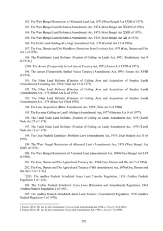 230
182. The West Bengal Restoration of Alienated Land Act, 1973 (West Bengal Act XXIII of 1973).
183. The West Bengal Land Reforms (Amendment) Act, 1974 (West Bengal Act XXXIII of 1974).
184. The West Bengal Land Reforms (Amendment) Act, 1975 (West Bengal Act XXIII of 1975).
185. The West Bengal Land Reforms (Amendment) Act, 1976 (West Bengal Act XII of 1976).
186. The Delhi Land Holdings (Ceiling) Amendment Act, 1976 (Central Act 15 of 1976).
187. The Goa, Daman and Diu Mundkars (Protection from Eviction) Act, 1975 (Goa, Daman and Diu
Act 1 of 1976).
188. The Pondicherry Land Reforms (Fixation of Ceiling on Land) Act, 1973 (Pondicherry Act 9
of 1974).]
1
[189. The Assam (Temporarily Settled Areas) Tenancy Act, 1971 (Assam Act XXIII of 1971).
190. The Assam (Temporarily Settled Areas) Tenancy (Amendment) Act, 1974 (Assam Act XVIII
of 1974).
191. The Bihar Land Reforms (Fixation of Ceiling Area and Acquisition of Surplus Land)
(Amendment) Amending Act, 1974 (Bihar Act 13 of 1975).
192. The Bihar Land Reforms (Fixation of Ceiling Area and Acquisition of Surplus Land)
(Amendment) Act, 1976 (Bihar Act 22 of 1976).
193. The Bihar Land Reforms (Fixation of Ceiling Area and Acquisition of Surplus Land)
(Amendment) Act, 1978 (Bihar Act VII of 1978).
194. The Land Acquisition (Bihar Amendment) Act, 1979 (Bihar Act 2 of 1980).
195. The Haryana Ceiling on Land Holdings (Amendment) Act, 1977 (Haryana Act 14 of 1977).
196. The Tamil Nadu Land Reforms (Fixation of Ceiling on Land) Amendment Act, 1978 (Tamil
Nadu Act 25 of 1978).
197. The Tamil Nadu Land Reforms (Fixation of Ceiling on Land) Amendment Act, 1979 (Tamil
Nadu Act 11 of 1979).
198. The Uttar Pradesh Zamindari Abolition Laws (Amendment) Act, 1978 (Uttar Pradesh Act 15 of
1978).
199. The West Bengal Restoration of Alienated Land (Amendment) Act, 1978 (West Bengal Act
XXIV of 1978).
200. The West Bengal Restoration of Alienated Land (Amendment) Act, 1980 (West Bengal Act LVI
of 1980).
201. The Goa, Daman and Diu Agricultural Tenancy Act, 1964 (Goa, Daman and Diu Act 7 of 1964).
202. The Goa, Daman and Diu Agricultural Tenancy (Fifth Amendment) Act, 1976 (Goa, Daman and
Diu Act 17 of 1976).]
2
[203. The Andhra Pradesh Scheduled Areas Land Transfer Regulation, 1959 (Andhra Pradesh
Regulation 1 of 1959).
204. The Andhra Pradesh Scheduled Areas Laws (Extension and Amendment) Regulation, 1963
(Andhra Pradesh Regulation 2 of 1963).
205. The Andhra Pradesh Scheduled Areas Land Transfer (Amendment) Regulation, 1970 (Andhra
Pradesh Regulation 1 of 1970).
1. Entries 189 to 202 ins. by the Constitution (Forty-seventh Amendment) Act, 1984, s. 2 (w.e.f. 26-8-1984).
2. Entries 203 to 257 ins. by the Constitution (Sixty-sixth Amendment) Act, 1990, s. 2 (w.e.f. 7-6-1990).
 