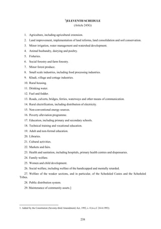 238
1
[ELEVENTH SCHEDULE
(Article 243G)
1. Agriculture, including agricultural extension.
2. Land improvement, implementation of land reforms, land consolidation and soil conservation.
3. Minor irrigation, water management and watershed development.
4. Animal husbandry, dairying and poultry.
5. Fisheries.
6. Social forestry and farm forestry.
7. Minor forest produce.
8. Small scale industries, including food processing industries.
9. Khadi, village and cottage industries.
10. Rural housing.
11. Drinking water.
12. Fuel and fodder.
13. Roads, culverts, bridges, ferries, waterways and other means of communication.
14. Rural electrification, including distribution of electricity.
15. Non-conventional energy sources.
16. Poverty alleviation programme.
17. Education, including primary and secondary schools.
18. Technical training and vocational education.
19. Adult and non-formal education.
20. Libraries.
21. Cultural activities.
22. Markets and fairs.
23. Health and sanitation, including hospitals, primary health centres and dispensaries.
24. Family welfare.
25. Women and child development.
26. Social welfare, including welfare of the handicapped and mentally retarded.
27. Welfare of the weaker sections, and in particular, of the Scheduled Castes and the Scheduled
Tribes.
28. Public distribution system.
29. Maintenance of community assets.]
1. Added by the Constitution (Seventy-third Amendment) Act, 1992, s. 4 (w.e.f. 24-4-1993).
 