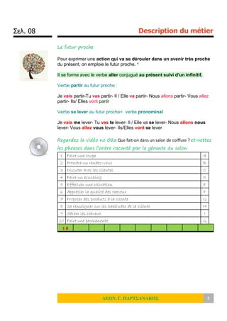Σελ. 08 Description du métier
ΛΕΩΝ. Γ. ΠΑΡΤΣΑΝΑΚΗΣ 8
Le futur proche
Pour exprimer une action qui va se dérouler dans un avenir très proche
du présent, on emploie le futur proche. v
Il se forme avec le verbe aller conjugué au présent suivi d'un infinitif.
Verbe partir au futur proche :
Je vais partir-Tu vas partir- Il / Elle va partir- Nous allons partir- Vous allez
partir- Ils/ Elles vont partir
Verbe se lever au futur proche= verbe pronominal
Je vais me lever- Tu vas te lever- Il / Elle va se lever- Nous allons nous
lever- Vous allez vous lever- Ils/Elles vont se lever
Regardez la vidéo no 02a Que fait-on dans un salon de coiffure ? et mettez
les phrases dans l’ordre raconté par la gérante du salon.
1 Faire une coupe A
2 Prendre un rendez-vous B
3 Discuter avec les clientes C
4 Faire un brushing D
5 Effectuer une coloration E
6 Apprécier la qualité des cheveux F
7 Proposer des produits à la cliente G
8 Se renseigner sur les habitudes de la cliente H
9 Sécher les cheveux I
10 Faire une permanente G
1 B
 