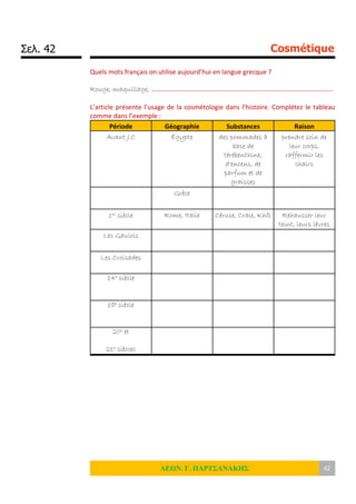 Σελ. 42 Cosmétique
ΛΕΩΝ. Γ. ΠΑΡΤΣΑΝΑΚΗΣ 42
Quels mots français on utilise aujourd’hui en langue grecque ?
Rouge, maquillage, ………………………………………………………………………………………………..
L’article présente l’usage de la cosmétologie dans l’histoire. Complétez le tableau
comme dans l’exemple :
Période Géographie Substances Raison
Avant J.C Égypte des pommades à
base de
térébenthine,
d'encens, de
parfum et de
graisses
prendre soin de
leur corps,
raffermir les
chairs
Grèce
1er siècle Rome, Italie Céruse, Craie, Khôl Rehausser leur
teint, leurs lèvres
Les Gaulois
Les Croisades
14e siècle
18e siècle
20e et
21e siècles
 