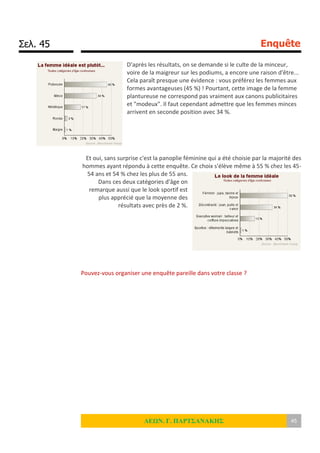 Σελ. 45 Enquête
ΛΕΩΝ. Γ. ΠΑΡΤΣΑΝΑΚΗΣ 45
D'après les résultats, on se demande si le culte de la minceur,
voire de la maigreur sur les podiums, a encore une raison d'être...
Cela paraît presque une évidence : vous préférez les femmes aux
formes avantageuses (45 %) ! Pourtant, cette image de la femme
plantureuse ne correspond pas vraiment aux canons publicitaires
et "modeux". Il faut cependant admettre que les femmes minces
arrivent en seconde position avec 34 %.
Et oui, sans surprise c'est la panoplie féminine qui a été choisie par la majorité des
hommes ayant répondu à cette enquête. Ce choix s'élève même à 55 % chez les 45-
54 ans et 54 % chez les plus de 55 ans.
Dans ces deux catégories d'âge on
remarque aussi que le look sportif est
plus apprécié que la moyenne des
résultats avec près de 2 %.
Pouvez-vous organiser une enquête pareille dans votre classe ?
 