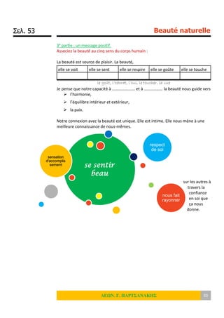 Σελ. 53 Beauté naturelle
ΛΕΩΝ. Γ. ΠΑΡΤΣΑΝΑΚΗΣ 53
3e partie : un message positif.
Associez la beauté au cinq sens du corps humain :
La beauté est source de plaisir. La beauté,
le goût, l’odorat, l’oui, le toucher, la vue
Je pense que notre capacité à …………………. et à ……………… la beauté nous guide vers
 l’harmonie,
 l’équilibre intérieur et extérieur,
 la paix.
Notre connexion avec la beauté est unique. Elle est intime. Elle nous mène à une
meilleure connaissance de nous-mêmes.
sur les autres à
travers la
confiance
en soi que
ça nous
donne.
elle se voit elle se sent elle se respire elle se goûte elle se touche
se sentir
beau
sensation
d'accomplis
sement
respect
de soi
nous fait
rayonner
 