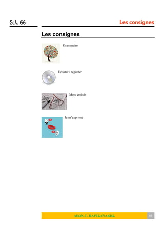 Σελ. 66 Les consignes
ΛΕΩΝ. Γ. ΠΑΡΤΣΑΝΑΚΗΣ 66
Les consignes
Grammaire
Écouter / regarder
Mots-croisés
Je m’exprime
 