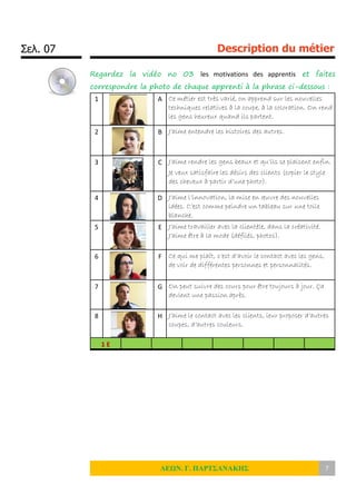 Σελ. 07 Description du métier
ΛΕΩΝ. Γ. ΠΑΡΤΣΑΝΑΚΗΣ 7
Regardez la vidéo no 03 les motivations des apprentis et faites
correspondre la photo de chaque apprenti à la phrase ci-dessous :
1 A Ce métier est très varié, on apprend sur les nouvelles
techniques relatives à la coupe, à la coloration. On rend
les gens heureux quand ils partent.
2 B J’aime entendre les histoires des autres.
3 C J’aime rendre les gens beaux et qu’ils se plaisent enfin.
Je veux satisfaire les désirs des clients (copier le style
des cheveux à partir d’une photo).
4 D J’aime l’innovation, la mise en œuvre des nouvelles
idées. C’est comme peindre un tableau sur une toile
blanche.
5 E J’aime travailler avec la clientèle, dans la créativité.
J’aime être à la mode (défilés, photos).
6 F Ce qui me plaît, c’est d’avoir le contact avec les gens,
de voir de différentes personnes et personnalités.
7 G On peut suivre des cours pour être toujours à jour. Ça
devient une passion après.
8 H J’aime le contact avec les clients, leur proposer d’autres
coupes, d’autres couleurs.
1 E
 