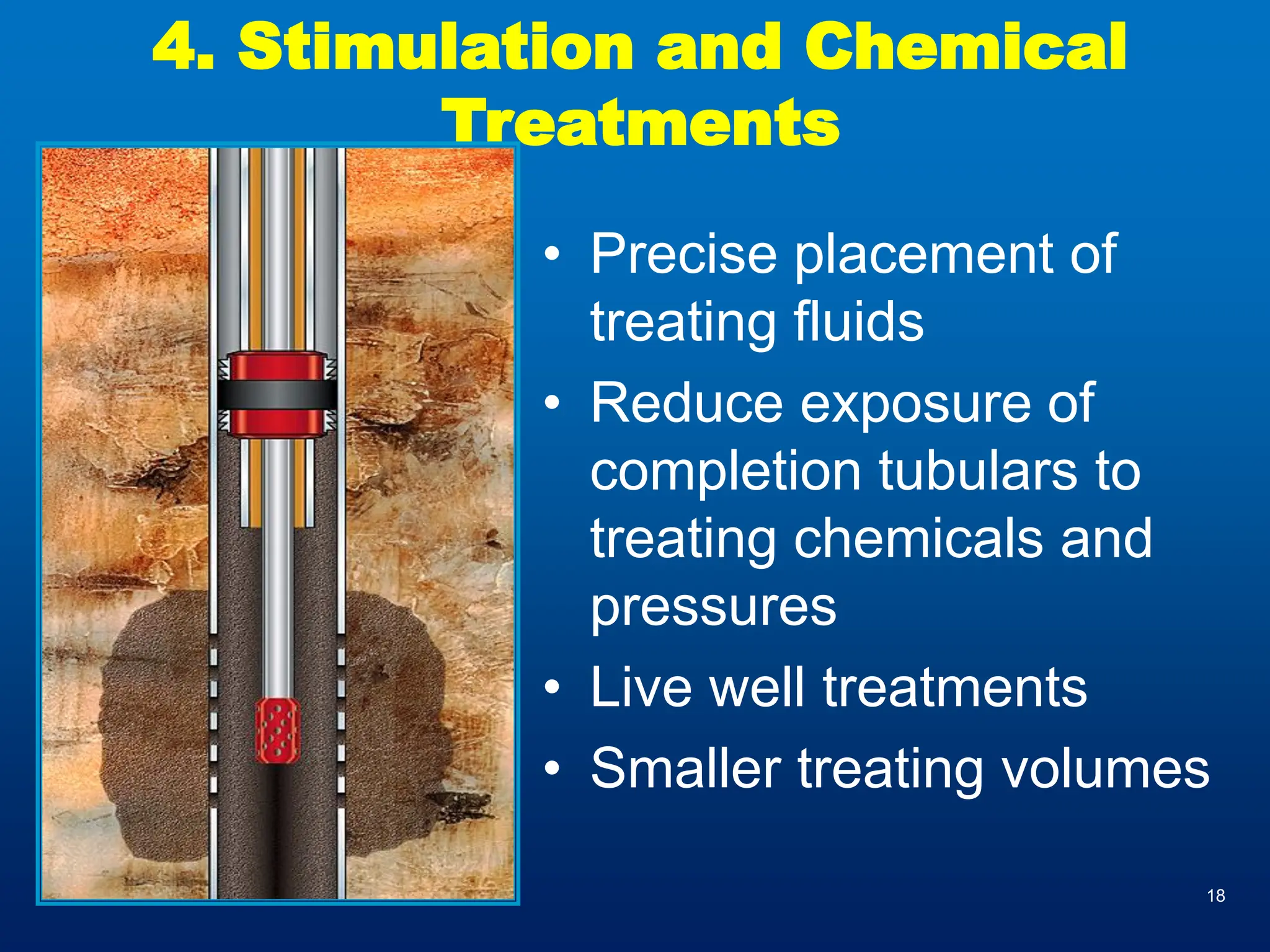 18
4. Stimulation and Chemical
Treatments
• Precise placement of
treating fluids
• Reduce exposure of
completion tubulars to
treating chemicals and
pressures
• Live well treatments
• Smaller treating volumes
 