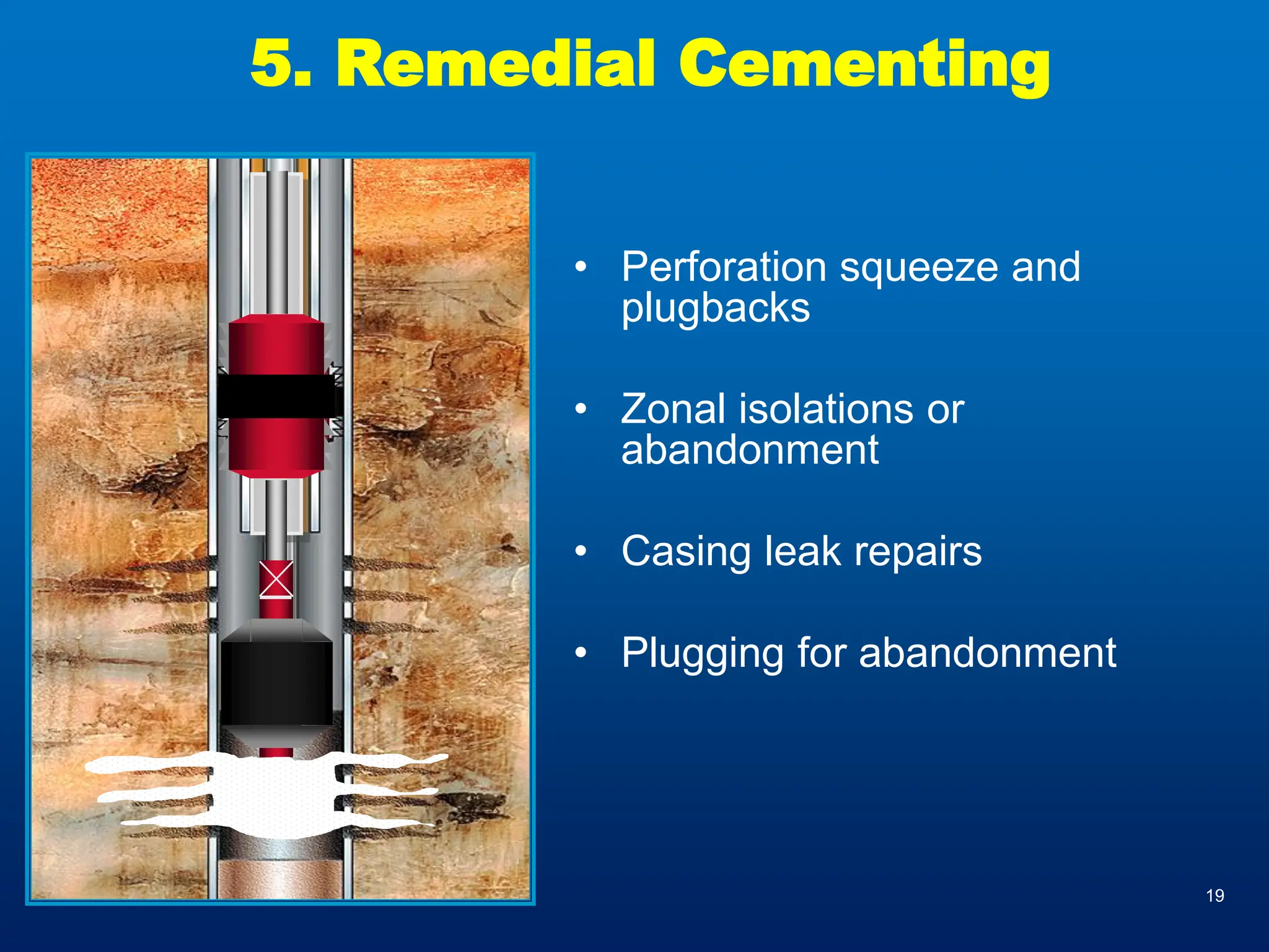 19
5. Remedial Cementing
• Perforation squeeze and
plugbacks
• Zonal isolations or
abandonment
• Casing leak repairs
• Plugging for abandonment
 