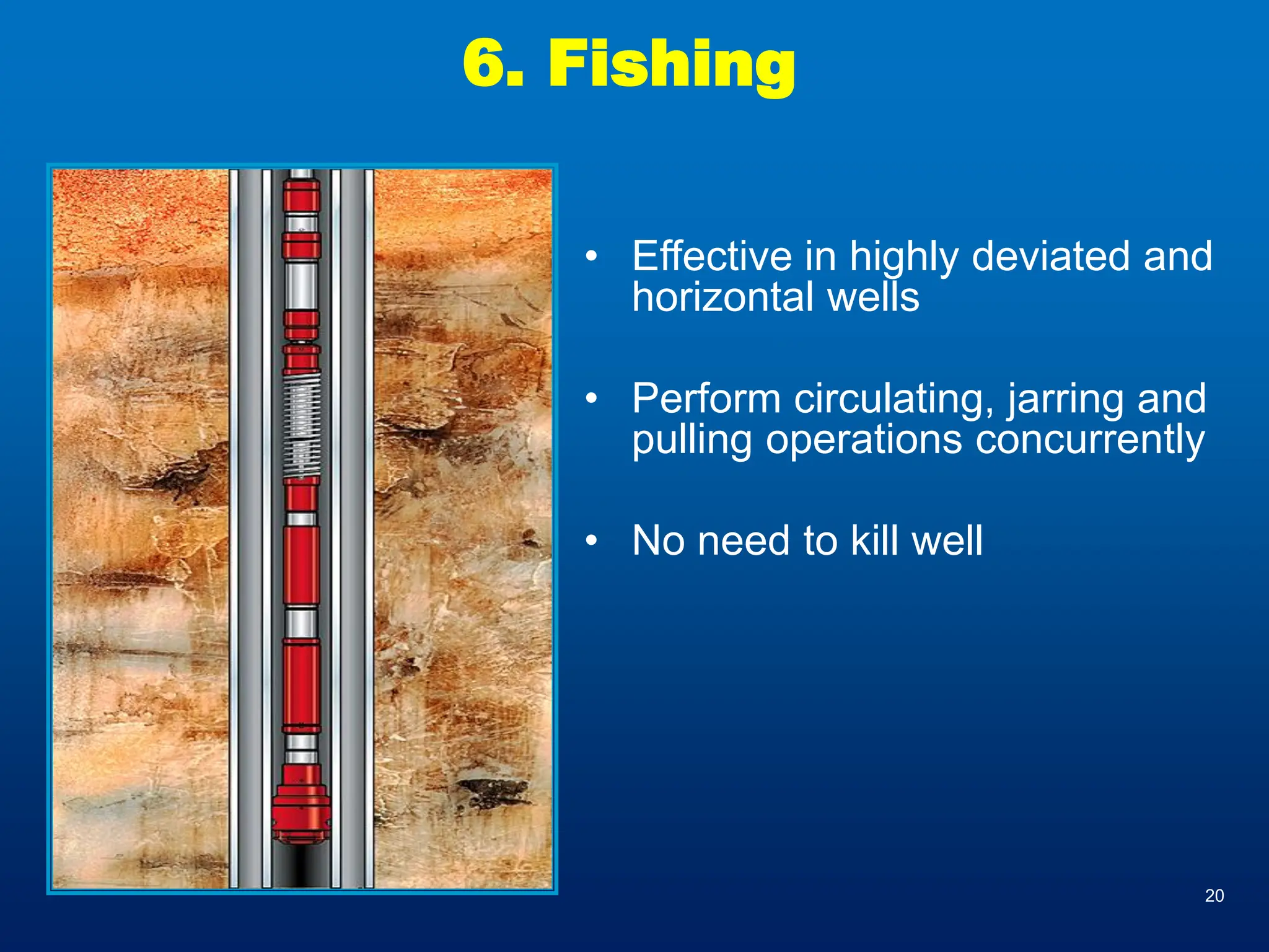 20
6. Fishing
• Effective in highly deviated and
horizontal wells
• Perform circulating, jarring and
pulling operations concurrently
• No need to kill well
 
