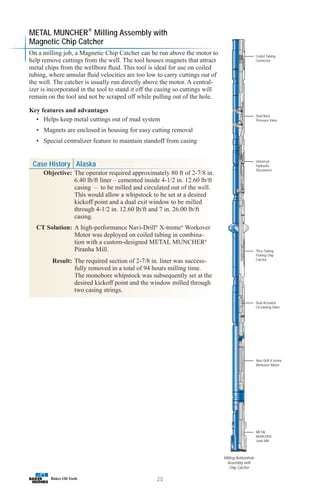 20
Coiled Tubing
Connector
Dual Back
Pressure Valve
Universal
Hydraulic
Disconnect
Thru-Tubing
Fishing Chip
Catcher
Dual Actuated
Circulating Valve
Navi-Drill X-treme
Workover Motor
METAL
MUNCHER
Junk Mill
Milling Bottomhole
Assembly with
Chip Catcher
METAL MUNCHER®
Milling Assembly with
Magnetic Chip Catcher
On a milling job, a Magnetic Chip Catcher can be run above the motor to
help remove cuttings from the well. The tool houses magnets that attract
metal chips from the wellbore fluid. This tool is ideal for use on coiled
tubing, where annular fluid velocities are too low to carry cuttings out of
the well. The catcher is usually run directly above the motor. A central-
izer is incorporated in the tool to stand it off the casing so cuttings will
remain on the tool and not be scraped off while pulling out of the hole.
Key features and advantages
• Helps keep metal cuttings out of mud system
• Magnets are enclosed in housing for easy cutting removal
• Special centralizer feature to maintain standoff from casing
Case History Alaska
Objective: The operator required approximately 80 ft of 2-7/8 in.
6.40 lb/ft liner – cemented inside 4-1/2 in. 12.60 lb/ft
casing – to be milled and circulated out of the well.
This would allow a whipstock to be set at a desired
kickoff point and a dual exit window to be milled
through 4-1/2 in. 12.60 lb/ft and 7 in. 26.00 lb/ft
casing.
CT Solution: A high-performance Navi-Drill®
X-treme®
Workover
Motor was deployed on coiled tubing in combina-
tion with a custom-designed METAL MUNCHER®
Piranha Mill.
Result: The required section of 2-7/8 in. liner was success-
fully removed in a total of 94 hours milling time.
The monobore whipstock was subsequently set at the
desired kickoff point and the window milled through
two casing strings.
 