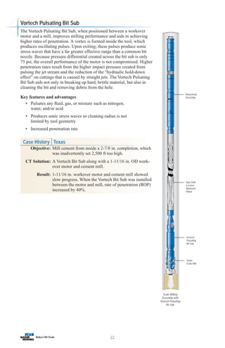 22
Turbo
Scale Mill
Vortech
Pulsating
Bit Sub
Navi-Drill
X-treme
Workover
Motor
Motorhead
Assembly
Scale Milling
Assembly with
Vortech Pulsating
Bit Sub
Vortech Pulsating Bit Sub
The Vortech Pulsating Bit Sub, when positioned between a workover
motor and a mill, improves milling performance and aids in achieving
higher rates of penetration. A vortex is formed inside the tool, which
produces oscillating pulses. Upon exiting; these pulses produce sonic
stress waves that have a far greater effective range than a common bit
nozzle. Because pressure differential created across the bit sub is only
75 psi, the overall performance of the motor is not compromised. Higher
penetration rates result from the higher impact pressure created from
pulsing the jet stream and the reduction of the “hydraulic hold-down
effect” on cuttings that is caused by straight jets. The Vortech Pulsating
Bit Sub aids not only in breaking up hard, brittle material, but also in
cleaning the bit and removing debris from the hole.
Key features and advantages
• Pulsates any fluid, gas, or mixture such as nitrogen,
water, and/or acid
• Produces sonic stress waves so cleaning radius is not
limited by tool geometry
• Increased penetration rate
Case History Texas
Objective: Mill cement from inside a 2-7/8 in. completion, which
was inadvertently set 2,500 ft too high.
CT Solution: A Vortech Bit Sub along with a 1-11/16 in. OD work-
over motor and cement mill.
Result: 1-11/16 in. workover motor and cement mill showed
slow progress. When the Vortech Bit Sub was installed
between the motor and mill, rate of penetration (ROP)
increased by 40%.
 