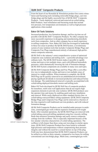 Stimulation
and
Fracturing
31
QUIK Drill™
Composite Bridge Plug
QUIK Drill™
Composite Products
From the heart of our Remedial  Stimulation product line comes stimu-
lation and fracturing tools including retrievable bridge plugs, cast iron
bridge plugs and the highly successful line of QUIK Drill™
Composite
Products. Easily deployed, retrieved and removed on coiled tubing,
RS Products meet stimulation and fracturing needs that include
low-pressure, low-temperature environments as well as high-pressure
applications when needed.
Baker Oil Tools Solutions
Increased production, less formation damage, and less rig time are all
possible with QUIK Drill™
Composite Products. No other company has
more successful experience in designing and manufacturing downhole
tools from composites. And no other company has as much experience
in milling composites. Now, Baker Oil Tools has leveraged its leadership
in these two areas to produce the QUIK Drill System, a revolutionary
system of zone isolation tools that includes Composite Bridge Plugs and
Composite Frac Plugs manufactured entirely of advanced, high-perfor-
mance composite materials.
QUIK Drill is the industry’s most comprehensive system of optimized
composite zone isolation and milling tools – a powerful advantage over
ordinary tools. The QUIK Drill System makes it possible to rapidly
isolate and treat or test multiple zones, each with different bottomhole
pressures, while dramatically lowering the risk of formation damage.
QUIK Drill System components are available in many sizes and types.
QUIK Drill Composite Bridge Plugs and Frac Plugs offer a cost-effec-
tive way to independently isolate and treat or test multiple zones of
interest in a single wellbore. When treatment is complete, the QUIK
Drill Plug can be quickly removed in an underbalanced environment,
paying significant dividends in increased production and reduced forma-
tion damage. The underbalanced removal is typically accomplished with
coiled-tubing-deployed downhole motors and milling tools.
Baker Oil Tools developed its QUIK Drill line of composite products
for monobore, multi-zone well applications that do not require high
expansion elements to provide zone isolation. QUIK Drill products save
the operator time and money by enabling quick and easy installation
and removal. While easily deployed on either standard electric-line- or
coiled-tubing-conveyed Baker setting equipment, QUIK Drill Composite
Bridge Plugs and Composite Frac Plugs can be removed in a fraction of
the time required to mill traditional cast iron products, and with reduced
formation damage.
QUIK Drill Composite Products can be installed under pressure in multi-
zone, commingled gas wells without expensive formation kill-weight
fluids. After remedial operations, the QUIK Drill Plugs are removed with
coiled-tubing-conveyed milling equipment using low-viscosity milling
fluids that minimize formation damage and easily remove composite
cuttings from the wellbore. This is especially important because of the
low annular velocities characteristic of coiled tubing operations. The
wellbore is left cleaner than those using cast iron plugs in similar opera-
tions. QUIK Drill Composite Products have been tested to withstand
high pressures and temperatures without compromising their pressure
integrity and without the need for a cement barrier on top of the plug.
Field runs have demonstrated that QUIK Drill Composite Products can
be milled in as little as thirty minutes, compared to two hours for milling
conventional cast iron bridge plugs. Multi-zone, commingled gas wells
 