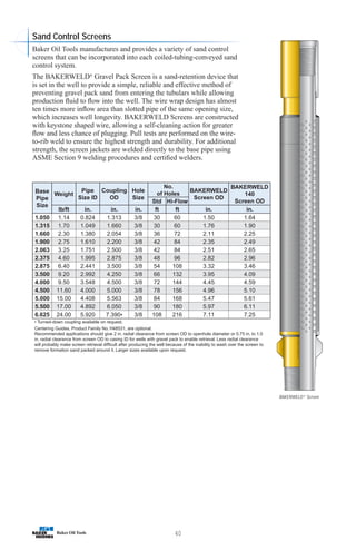40
BAKERWELD®
Screen
Sand Control Screens
Baker Oil Tools manufactures and provides a variety of sand control
screens that can be incorporated into each coiled-tubing-conveyed sand
control system.
The BAKERWELD®
Gravel Pack Screen is a sand-retention device that
is set in the well to provide a simple, reliable and effective method of
preventing gravel pack sand from entering the tubulars while allowing
production fluid to flow into the well. The wire wrap design has almost
ten times more inflow area than slotted pipe of the same opening size,
which increases well longevity. BAKERWELD Screens are constructed
with keystone shaped wire, allowing a self-cleaning action for greater
flow and less chance of plugging. Pull tests are performed on the wire-
to-rib weld to ensure the highest strength and durability. For additional
strength, the screen jackets are welded directly to the base pipe using
ASME Section 9 welding procedures and certified welders.
Base
Pipe
Size
Weight
Pipe
Size ID
Coupling
OD
Hole
Size
No.
of Holes
BAKERWELD
Screen OD
BAKERWELD
140
Screen OD
Std Hi-Flow
lb/ft in. in. in. ft ft in. in.
1.050 1.14 0.824 1.313 3/8 30 60 1.50 1.64
1.315 1.70 1.049 1.660 3/8 30 60 1.76 1.90
1.660 2.30 1.380 2.054 3/8 36 72 2.11 2.25
1.900 2.75 1.610 2.200 3/8 42 84 2.35 2.49
2.063 3.25 1.751 2.500 3/8 42 84 2.51 2.65
2.375 4.60 1.995 2.875 3/8 48 96 2.82 2.96
2.875 6.40 2.441 3.500 3/8 54 108 3.32 3.46
3.500 9.20 2.992 4.250 3/8 66 132 3.95 4.09
4.000 9.50 3.548 4.500 3/8 72 144 4.45 4.59
4.500 11.60 4.000 5.000 3/8 78 156 4.96 5.10
5.000 15.00 4.408 5.563 3/8 84 168 5.47 5.61
5.500 17.00 4.892 6.050 3/8 90 180 5.97 6.11
6.625 24.00 5.920 7.390• 3/8 108 216 7.11 7.25
• Turned-down coupling available on request.
Centering Guides, Product Family No. H48531, are optional.
Recommended applications should give 2 in. radial clearance from screen OD to openhole diameter or 0.75 in. to 1.0
in. radial clearance from screen OD to casing ID for wells with gravel pack to enable retrieval. Less radial clearance
will probably make screen retrieval difficult after producing the well because of the inability to wash over the screen to
remove formation sand packed around it. Larger sizes available upon request.
 