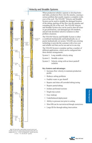 Flow
Management
47
Baker Oil Tools offers coiled-tubing-conveyed velocity and
straddle systems for setting inside production tubing with sizes
ranging from 2 in. - 2-7/8 in. OD (Model KB™
System) and from
3-1/2 in. – 7 in. OD (VELOX™
System).
VELOX STV
Packoff
Coiled
Tubing
Setting
Sub
Coiled
Tubing
Lower
VELOX
System 1 System 2 System 3
Double
Pump-
Out
Sub
VELOX STV
Packoff
VELOX
Upper
Packoff
Velocity and Straddle Systems
When production tubulars separate or develop holes
and leaks, production flows into the annulus, causing a
serious problem that usually requires a complete work-
over of the well. The VELOX™
Velocity and Straddle
System can be used to straddle the damaged location
of the tubing, packing off the flow into the annulus and
extending the life of the well. The VELOX Velocity
and Straddle System also can be used to shut off water
or gas perforations, seal damaged gas lift mandrels,
and provide downhole selective isolation in other
problem situations.
The VELOX Velocity and Straddle System is either
a combined mechanically and hydraulically set, or
purely hydraulically set system. VELOX uses existing
technology to provide the customer with a low-cost
and reliable tool that can be run and set in one trip.
The VELOX System is modular and has a number of
different applications, which can be configured into
three distinct arrangements:
System 1: Long straddle velocity string
System 2: Straddle system
System 3: Velocity string with no lower packoff
isolation
Key features and advantages
• Increases flow velocity to maintain production
profile
• Reduces salting problems
• Enables water or gas shutoff
• Repairs and shuts off corroded tubing/casing
• Repairs parted tubing
• Isolates perforated sections
• Single-trip system
• Easy makeup
• Underbalanced deployment
• Ability to pressure test prior to setting
• Slim OD can be run/retrieved though restrictions
• Large ID for through-tubing intervention
 