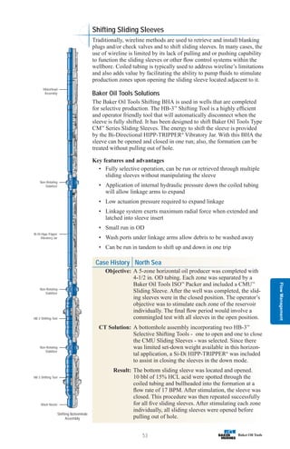 Flow
Management
53
Non-Rotating
Stabilizer
Bi-Di Hipp-Tripper
Vibratory Jar
Motorhead
Assembly
Non-Rotating
Stabilizer
HB-3 Shifting Tool
Non-Rotating
Stabilizer
HB-3 Shifting Tool
Wash Nozzle
Shifting Bottomhole
Assembly
Shifting Sliding Sleeves
Traditionally, wireline methods are used to retrieve and install blanking
plugs and/or check valves and to shift sliding sleeves. In many cases, the
use of wireline is limited by its lack of pulling and or pushing capability
to function the sliding sleeves or other flow control systems within the
wellbore. Coiled tubing is typically used to address wireline’s limitations
and also adds value by facilitating the ability to pump fluids to stimulate
production zones upon opening the sliding sleeve located adjacent to it.
Baker Oil Tools Solutions
The Baker Oil Tools Shifting BHA is used in wells that are completed
for selective production. The HB-3™
Shifting Tool is a highly efficient
and operator friendly tool that will automatically disconnect when the
sleeve is fully shifted. It has been designed to shift Baker Oil Tools Type
CM™
Series Sliding Sleeves. The energy to shift the sleeve is provided
by the Bi-Directional HIPP-TRIPPER®
Vibratory Jar. With this BHA the
sleeve can be opened and closed in one run; also, the formation can be
treated without pulling out of hole.
Key features and advantages
• Fully selective operation, can be run or retrieved through multiple
sliding sleeves without manipulating the sleeve
• Application of internal hydraulic pressure down the coiled tubing
will allow linkage arms to expand
• Low actuation pressure required to expand linkage
• Linkage system exerts maximum radial force when extended and
latched into sleeve insert
• Small run in OD
• Wash ports under linkage arms allow debris to be washed away
• Can be run in tandem to shift up and down in one trip
Case History North Sea
Objective: A 5-zone horizontal oil producer was completed with
4-1/2 in. OD tubing. Each zone was separated by a
Baker Oil Tools ISO™
Packer and included a CMU™
Sliding Sleeve. After the well was completed, the slid-
ing sleeves were in the closed position. The operator’s
objective was to stimulate each zone of the reservoir
individually. The final flow period would involve a
commingled test with all sleeves in the open position.
CT Solution: A bottomhole assembly incorporating two HB-3™
Selective Shifting Tools - one to open and one to close
the CMU Sliding Sleeves - was selected. Since there
was limited set-down weight available in this horizon-
tal application, a Si-Di HIPP-TRIPPER®
was included
to assist in closing the sleeves in the down mode.
Result: The bottom sliding sleeve was located and opened.
10 bbl of 15% HCL acid were spotted through the
coiled tubing and bullheaded into the formation at a
flow rate of 17 BPM. After stimulation, the sleeve was
closed. This procedure was then repeated successfully
for all five sliding sleeves. After stimulating each zone
individually, all sliding sleeves were opened before
pulling out of hole.
 