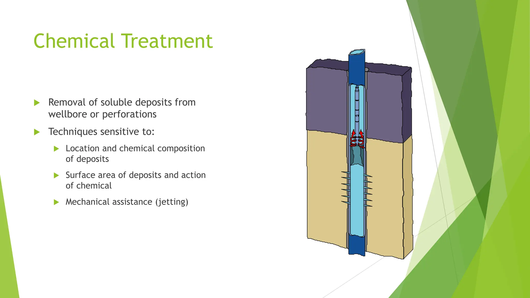 Chemical Treatment
 Removal of soluble deposits from
wellbore or perforations
 Techniques sensitive to:
 Location and chemical composition
of deposits
 Surface area of deposits and action
of chemical
 Mechanical assistance (jetting)
 