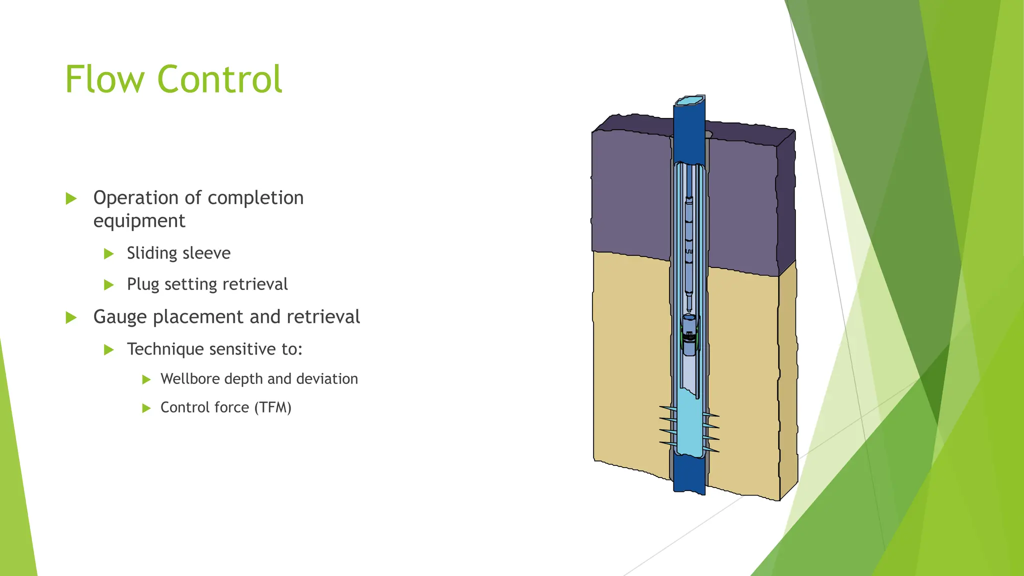 Flow Control
 Operation of completion
equipment
 Sliding sleeve
 Plug setting retrieval
 Gauge placement and retrieval
 Technique sensitive to:
 Wellbore depth and deviation
 Control force (TFM)
 
