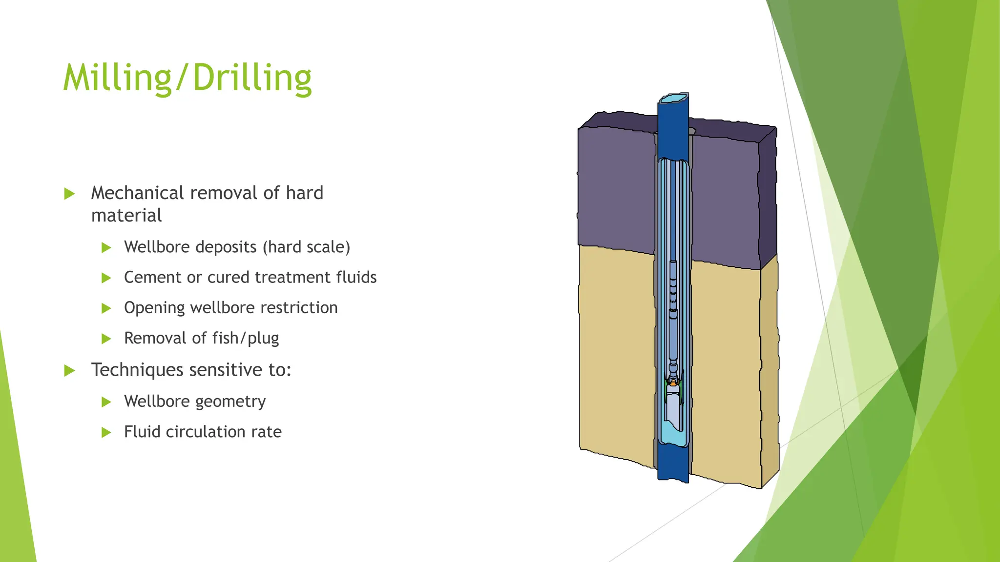 Milling/Drilling
 Mechanical removal of hard
material
 Wellbore deposits (hard scale)
 Cement or cured treatment fluids
 Opening wellbore restriction
 Removal of fish/plug
 Techniques sensitive to:
 Wellbore geometry
 Fluid circulation rate
 