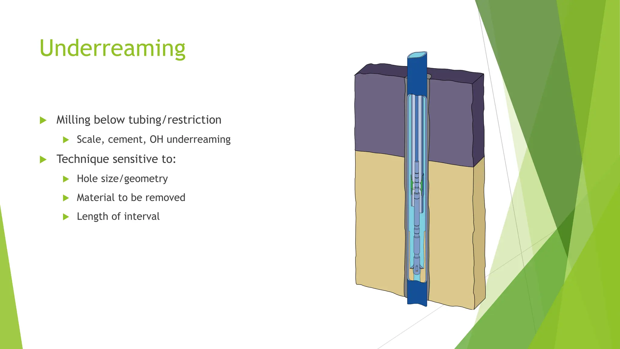 Underreaming
 Milling below tubing/restriction
 Scale, cement, OH underreaming
 Technique sensitive to:
 Hole size/geometry
 Material to be removed
 Length of interval
 