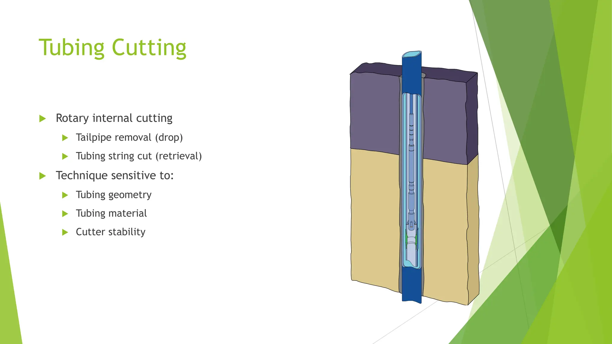 Tubing Cutting
 Rotary internal cutting
 Tailpipe removal (drop)
 Tubing string cut (retrieval)
 Technique sensitive to:
 Tubing geometry
 Tubing material
 Cutter stability
 