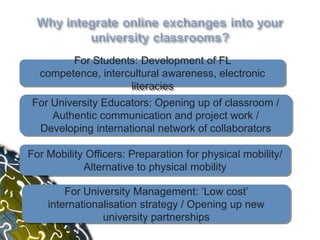 For Students: Development of FL
  competence, intercultural awareness, electronic
                    literacies
For University Educators: Opening up of classroom /
    Authentic communication and project work /
 Developing international network of collaborators

For Mobility Officers: Preparation for physical mobility/
            Alternative to physical mobility

        For University Management: „Low cost‟
    internationalisation strategy / Opening up new
                university partnerships
 