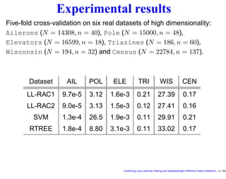 Experimental results
Five-fold cross-validation on six real datasets of high dimensionality:
Ailerons (N = 14308, n = 40), Pole (N = 15000, n = 48),
Elevators (N = 16599, n = 18), Triazines (N = 186, n = 60),
Wisconsin (N = 194, n = 32) and Census (N = 22784, n = 137).
Dataset AIL POL ELE TRI WIS CEN
LL-RAC1 9.7e-5 3.12 1.6e-3 0.21 27.39 0.17
LL-RAC2 9.0e-5 3.13 1.5e-3 0.12 27.41 0.16
SVM 1.3e-4 26.5 1.9e-3 0.11 29.91 0.21
RTREE 1.8e-4 8.80 3.1e-3 0.11 33.02 0.17
Combining Lazy Learning, Racing and Subsamplingfor Effective Feature Selection – p. 19/2
 