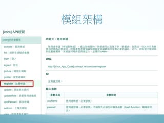 模組架構
以核心模組為例子，按下最右旁的API進入API規範
 