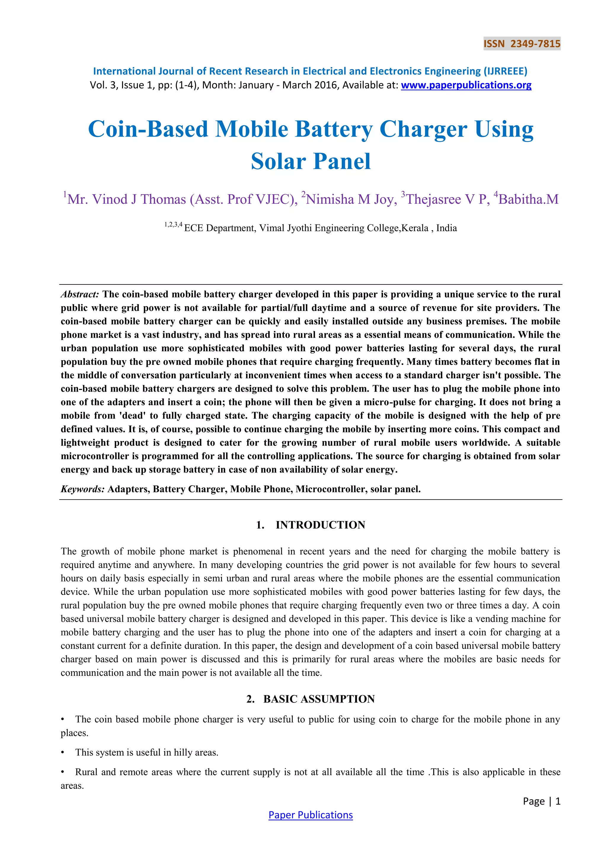 CoinBased Mobile Battery Charger Using Solar Panel PDF