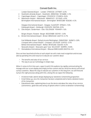 Academic Version
London Stansted Airport - London STN/EGSS 23779697 +6.0%
2. Stockholm-Arlanda Airport - Stockholm ARN/ESSA 18136080 +1.2%
3. Copenhagen Airport - Copenhagen CPH/EKCH 21530016 +0.6%
4. Manchester Airport - Manchester MAN/EGCC 22112625 +4.0%
Birmingham International Airport - Birmingham BHX/EGBB 9226340 +4.3%
Glasgow International Airport - Glasgow GLA/EGPF 8795653 +7.0%
Edinburgh Airport - Edinburgh EDI/EGPH 9047558 +0.5%
5. Oslo Airport, Gardermoen - Oslo OSL/ENGM 19344459 +1.6%
Bergen Airport, Flesland - Bergen BGO/ENBR 5037451 +3.8%
6. Bristol International Airport - Bristol BRS/EGGD 6267114 +5.7%
East Midlands Airport Derby/Leicester/Nottingham EMA/EGNX 5620673 +3.8%
Liverpool John Lennon Airport - Liverpool LPL/EGGP 5334152 +2.5%
Belfast International Airport - Belfast BFS/EGAA 5262354 +0.2%
Newcastle Airport - Newcastle upon Tyne NCL/EGNT 5039993 +10.8%
7. Domodedovo International Airport - Moscow DME/UUDD 20437516 +0.5
Once we have launched activities at each airport we will create need recognition and increase
sales by spending time and resources to educate our customer about:
• The benefits and value of our services;
• The way to use our technology in simple steps;
When it comes to first time users, expect to pitch this audience by rapidly communicating the
message with our screen display and simply written content and our attractive devices will attract
curious customers. About the ways to educate our customers in the long term, we will find and
nurture the right processes along with time, among this we expect the following:
• A tailored made cabinet design displaying our donations rechanneling proposition;
• Email follow up, once the transaction has been completed and to hand a detailed invoice
of the transaction;
• Educational video, explaining how to use the device and about the value of our services
(convenience, good rates and variety of options when it comes to donation rechanneling).
Coinaid Earth Inc.
Page 23
 