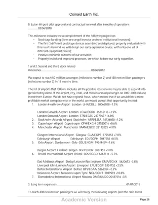 Academic Version
0. Luton Airport pilot approval and contractual renewal after 6 moths of operations
..............02/06/2010
This milestone includes the accomplishment of the following objectives:
• Seed stage funding (form one angel investor and one institutional investors);
• The first 3 different prototype devices assembled and deployed, properly evaluated (with
this results in mind we will design our early expansion device, with only one set of
different equipment pieces);
• Positive economic outcome of our activities;
• Properly tested and improved processes, on which to base our early expansion.
1 and 2. Second and third stock related
milestones.....................................................................02/06/2012
We expect to reach 50 million passengers (milestone number 2) and 150 new million passengers
(milestone number 3) in 19 months time.
The list of airports that follows, includes all the possible locations we may be able to expand into
(presented by name of the airport, city, code, and million annual passenger on 2007-2008 values)
in northern Europe. We do not have regional focus, which means that if we would find a more
profitable market someplace else in the world, we would pursuit that opportunity instead:
1. London Heathrow Airport London LHR/EGLL 68066028 +1.5%
London Gatwick Airport London LGW/EGKK 35216113 +2.9%
London Stansted Airport London STN/EGSS 23779697 +6.0%
2. Stockholm-Arlanda Airport Stockholm ARN/ESSA 18136080 +1.2%
3. Copenhagen Airport Copenhagen CPH/EKCH 21530016 +0.6%
4. Manchester Airport Manchester MAN/EGCC 22112625 +4.0%
Glasgow International Airport Glasgow GLA/EGPF 8795653 +7.0%
Edinburgh Airport Edinburgh EDI/EGPH 9047558 +0.5%
5. Oslo Airport, Gardermoen Oslo OSL/ENGM 19344459 +1.6%
Bergen Airport, Flesland Bergen BGO/ENBR 5037451 +3.8%
6. Bristol International Airport Bristol BRS/EGGD 6267114 +5.7%
East Midlands Airport Derby/Leicester/Nottingham EMA/EGNX 5620673 +3.8%
Liverpool John Lennon Airport Liverpool LPL/EGGP 5334152 +2.5%
Belfast International Airport Belfast BFS/EGAA 5262354 +0.2%
Newcastle Airport Newcastle upon Tyne NCL/EGNT 5039993 +10.8%
7. Domodedovo International Airport Moscow DME/UUDD 20437516 +0.5
3. Long term expansion................................................................................................01/01/2015
To reach 400 new million passengers we will study the following airports (and the ones listed
Coinaid Earth Inc.
Page 28
 