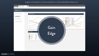 COINALYTICS
Gain 
Edge
angel.co/coinalytics | www.coinalytics.co | founders@coinalytics.co
 