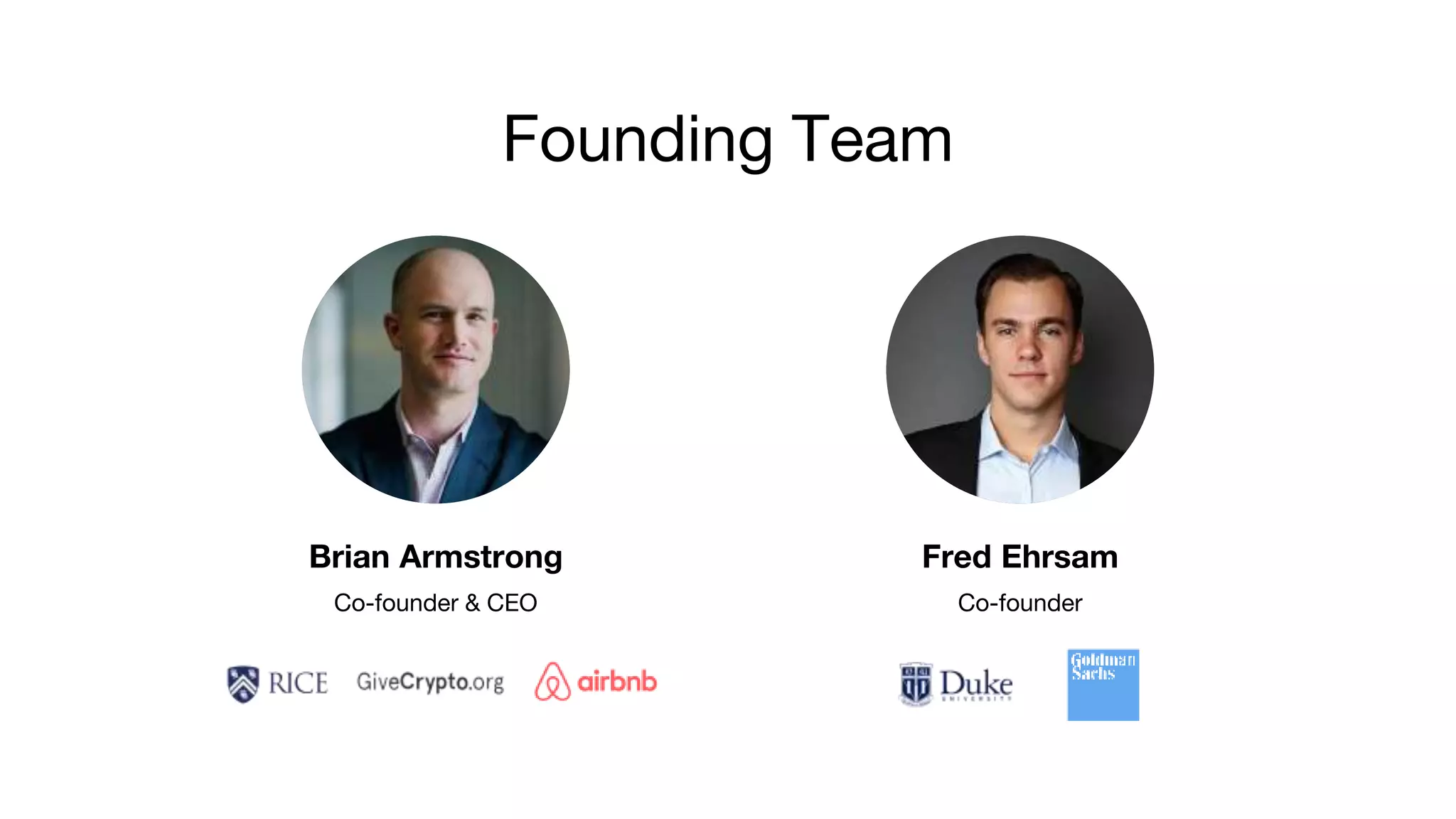 Founding Team
Fred Ehrsam
Co-founder
Brian Armstrong
Co-founder & CEO