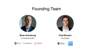 Founding Team
Fred Ehrsam
Co-founder
Brian Armstrong
Co-founder & CEO