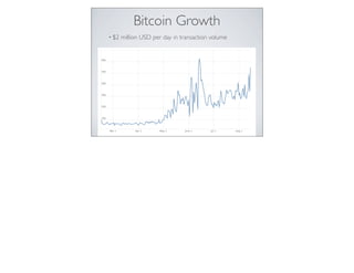 Bitcoin Growth
• $2 million USD per day in transaction volume
 