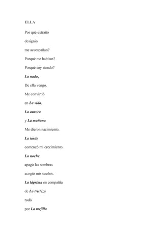 ELLA
Por qué extraño
designio
me acompañan?
Porqué me habitan?
Porqué soy siendo?
La nada,
De ella vengo.
Me convirtió
en La vida,
La aurora
y La mañana
Me dieron nacimiento.
La tarde
comenzó mi crecimiento.
La noche
apagó las sombras
acogió mis sueños.
La lágrima en compañía
de La tristeza
rodó
por La mejilla
 