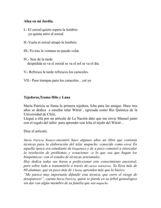 Aiku en mi Jardín. 
I.- El zorzal quieto espera la lombriz 
yo quieta miro al zorzal. 
II.-Vuela el zorzal atrapó la lombriz. 
III.-Yo tras la ventana no puedo volar. 
IV.- Seis de la tarde 
despedida se va el zorzal se va el sol se va el día. 
V.- Refresca la tarde refrescos los caracoles. 
VII.- Puse trampas para los caracoles…caí yo 
Tejedoras,Trama Hilo y Lana 
María Patricia se llama la primera tejedora, Icha para las amigas. Hace tres 
años se dedica a enseñar telar Witral , egresada como Bio Química de la 
Universidad de Chile. 
Llegué a ella por un artículo de La Nación dato que me envío Manuel junto 
con el regalo del taller para aprender con Icha el tejido del Witral… 
Dice el artículo: 
María Patricia Romero encontró hace algunos años un libro que contenía 
técnicas para la elaboración del telar mapuche, conocido como witral. En 
aquella época era estudiante de bioquímica y de a poco comenzó a intercalar 
la resolución de problemas y ecuaciones -o lo que sea que hagan los 
bioquímicos- con el estudio de técnicas artesanales. 
Hoy dedica todas sus horas a perfeccionar este conocimiento ancestral, 
pero sobre todo a transmitirlo a través de cursos intensivos. Ya lleva más de 
60 alumnas, que en poco más de 3 horas aprenden más que lo básico. 
“Me parece muy importante difundir esta técnica, que corre el riesgo de 
desaparecer”, cuenta María Patricia, quien se pierde en su árbol genealógico 
sin dar con algún miembro de su familia que sea mapuche. 
 