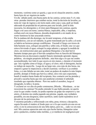 momento, vestirme como yo quería, y que en mi situación anterior, estaba 
hasta lejos de ser siquiera un sueño. 
Un día sábado junté, una buena parte de las camisa, serían unas 5 o 6, más 
otras prendas interiores que estaban sucias, tomé la decisión de lavarlas, ya 
tenía mi viaje de regreso a mi tierra natal, entre ceja y ceja, pedí un fondo 
adecuado de propiedad de mi patrona para este lavado, junté la leña 
necesaria, los detergentes y el cloro para blanquear mis camisas, quería 
llegar a mí casa con terno, camisa blanca, impecable, alba, e impoluta, 
corbata azul con rayas blancas, deseaba desprenderle a mi madre de su 
rostro luminoso la más azucarada sonrisa. 
Por la mañana del día domingo, me levanté temprano, el día estaba 
esplendoroso, con un sol radiante, la gente transitando por la calle y al oeste 
se habría un hermoso paisaje cordillerano. Encendí el fuego con trozos de 
leña bastante seca, coloqué una parrilla y sobre esta, el fondo; una vez que 
estuvo hirviendo el agua, coloqué la carga adentro y agregué la medida de 
cloro, sin restricciones para que quedaran blanquitas y las dejé hervir 
bastante tiempo para que el hervido cumpliera bien su función del blanqueo. 
Mientras leía un diccionario español francés intentando aprender alguna 
palabras, sin ningún propósito definido , más bien algo a lo que me estaba 
acostumbrando, leer todo lo que cayera en mis manos, y durante el momento 
que leía vigilaba cómo el fuego, el agua y el cloro, más el detergente, hacían 
su trabajo de maravilla. Luego de un largo rato, creo más de dos horas, me 
empezó a ganar la impaciencia y decidí examinar, verificar si ya estaban 
listas, o si aún faltaba un rato más; tomé un pedazo de madera lo más limpio 
posible, destapé el fondo que hervía a rabiar, clave mis ojos expectante, 
hundí el madero hasta fondo del recipiente, hice contacto con las prendas y 
procedí a sacarlas hasta que mis ojos pudieran constatar el anhelado 
resultado que esperaba obtener. Pero me asaltó el asombro, luego el 
desagrado, la rabia y la pena. 
Y exclamé en voz alta sin poder contenerme ¡Mierda... Mierdaaaa... se me 
recocieron las camisas! No podía entender lo que había pasado, no quería 
creer lo que estaba viendo, no podía soportar un golpe tan sorpresivo y tan 
artero, el destino me estaba jugando una pésima jugada, una verdadera 
pesadilla, era una desgracia, tanto sacrificio, tanto sueño tejiéndose en el 
devenir de los próximos días. 
Y mientras pensaba y reflexionado con rabia, pena, tristeza y decepción, 
seguía llevando el madero al fondo para ver si lo que ocurría era una era un 
error, si era la consecuencia de una falla óptica, pero no,... cada vez era más 
real. Mis camisas aparecían ante mis ojos hecho harina, blanquitas caían 
pero a pedacitos, estaban todas molidas, y yo maldecía mi negligencia por 
 