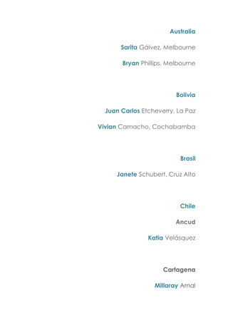 Australia
Sarita Gálvez, Melbourne
Bryan Phillips, Melbourne
Bolivia
Juan Carlos Etcheverry, La Paz
Vivian Camacho, Cochabamba
Brasil
Janete Schubert, Cruz Alto
Chile
Ancud
Katia Velásquez
Cartagena
Millaray Arnal
 