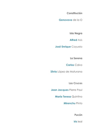 Constitución
Genoveva de la O
Isla Negra
Alfred Asís
José Enrique Cayuela
La Serena
Carlos Calvo
Silvia López de Maturana
Las Cruces
Jean Jacques Pierre Paul
María Teresa Quintino
Mirenchu Pinto
Pucón
Iris leal
 
