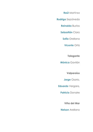 Raúl Martínez
Rodrigo Sepúlveda
Reinaldo Bustos
Sebastián Claro
Sofía Orellana
Vicente Ortiz
Talagante
Mónica Gavilán
Valparaíso
Jorge Osorio,
Eduardo Vergara,
Patricio Donaire
Viña del Mar
Nelson Arellano
 