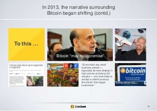 In 2013, the narrative surrounding
Bitcoin began shifting (contd.)

To this …
Bitcoin “may hold promise”
―Economists say smallbusiness owners —
especially farmers dealing in
high volume and low profit
margins — are more likely to
accept a volatile currency
like bitcoin than bigger
businesses.‖

25

 