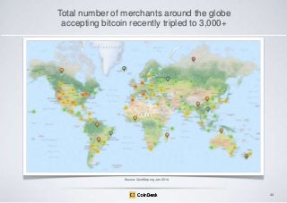 Total number of merchants around the globe
accepting bitcoin recently tripled to 3,000+

Source: CoinMap.org Jan 2014

44

 