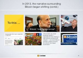 In 2013, the narrative surrounding
Bitcoin began shifting (contd.)

To this …
Bitcoin “may hold promise”
―Economists say s...