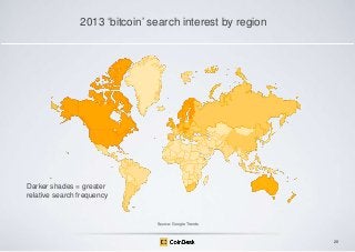 2013 „bitcoin‟ search interest by region

Darker shades = greater
relative search frequency

Source: Google Trends

28

 