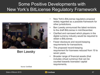 Some Positive Developments with
New York’s BitLicense Regulatory Framework
67State of Bitcoin 2015
• New York’s BitLicense...