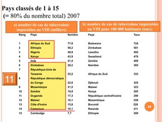 Pays classés de 1 à 15
(= 80% du nombre total) 2007
    a) nombre de cas de tuberculose             b) nombre de cas de tuberculose imputables
      imputables au VIH (milliers)                 au VIH pour 100 000 habitants (taux)
      Rang   Pays                      Nombre      Pays                        Taux


      1      Afrique du Sud            77,8        Botswana                    724
      2      Ethiopie                  59,2        Zimbabwe                    501
      3      Nigeria                   49,9        Lesotho                     492
      4      Kenya                     43,9        Swaziland                   478
      5      Inde                      41,4        Zambie                      409
      6      Zimbabwe                  29,2        Namibie                     385
      7      République-Unie de
             Tanzanie                  25,2        Afrique du Sud              333
      8      République démocratique
             du Congo                  22,6        Djibouti                    325
      9      Mozambique                21,5        Malawi                      323
      10     Zambie                    18,9        Kenya                       295
      11     Ouganda                   17,3        République centrafricaine   290
      12     Malawi                    16,1        Mozambique                  258
      13     Côte d'Ivoire             15,0        Burundi                     228
                                                                                      20
      14     Cameroun                  10,1        Rwanda                      211
      15     Cambodge                  7,7         Ethiopie                    209
 