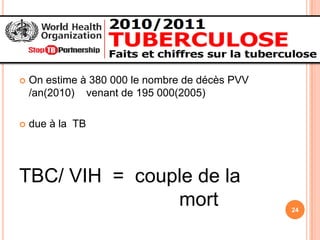    On estime à 380 000 le nombre de décès PVV
    /an(2010) venant de 195 000(2005)

   due à la TB




TBC/ VIH = couple de la
               mort                              24
 