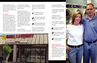 self-service laundries do require a       are away from home, traveling, or         determine your location’s suitability    occupation are all important in
capital investment upfront, they do not   on vacation, you’ll wish a self service   for use as a coin laundry. What we’ll    determining suitability for a laundry.
require much labor to operate. The        laundry was near.                         need for our review are the following
machines do the job - and never show                                                items:                                   • Urban Locations: demographics
up late for work.                         Self-service laundries cater to                                                    at ½ mile radius, 1 mile radius, & 1


                                                                                    #
                                                                                    1
                                          people needing to temporarily “rent”            The current site plan for the      ½ mile radius
The Customer                              laundry equipment. They pay for the             location being reviewed
Everyone does laundry. Each of us         opportunity to use your washers and                                                • Suburban Location:


                                                                                    #
                                                                                    2
either uses our own washers and           dryers instead of their own. People             A map of the area, showing the     demographics at 1 mile radius, 2
dryers, or someone else’s. If you’re      will use your laundry because they              location of the property being     mile radius, & 3 mile radius
a homeowner you most likely have          don’t have access to other machines.      reviewed.
your own machines, although you may       The “vend price” customers pay                                                     • Rural Location: demographics


                                                                                    #
                                                                                    3
wash larger items in a self service       compensates you for your rent,                  A complete demographic report      at 1 mile radius , 5 mile radius, & 10
laundry. If you’re a student you most     utilities, employees, other expenses            for the location being reviewed:   mile radius
likely use the school’s machines or a     and profit.


                                                                                                                             $
                                                                                                                             4
self-service laundry. If you rent your                                              Factors such as: overall population,         Your expectation on rent for the
home, sometimes you rent machines         About My Location                         household size, income levels, home          location being reviewed.
or use a self-service laundry. If you     As coin laundry experts, we can easily    ownership vs. renters, and type of


                                                                                                                             #
                                                                                                                             5     A listing and analysis of other
                                                                                                                                   businesses in the immediate
                                                                                                                             area and/or the center.




                                                                                                                             #
                                                                                                                             6     A review of competition in the
                                                                                                                                   immediate trade area.




                                                                                                                             Putting a Laundry in my
                                                                                                                             Location: Basic Needs & Lease
                                                                                                                             Information
                                                                                                                             In the right location, laundries make
                                                                                                                             great long-term tenants. But due
                                                                                                                             to the substantial investment in
                                                                                                                             infrastructure and equipment, they
                                                                                                                             do have certain needs. Here are the
                                                                                                                             among the most common:
 